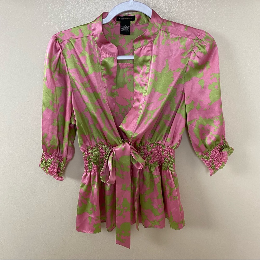 Y2K Silky Top pink green bow top BCBG - Picture 2 of 7